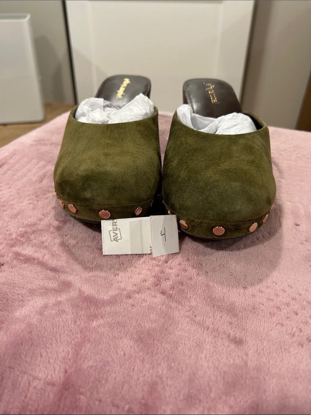 Jeffrey Campbell Olive Green Suede Studded Clogs